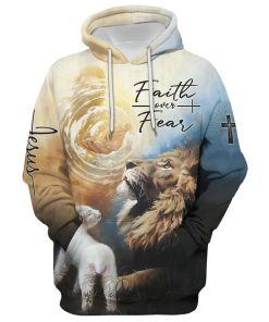 Jesus Lion Faith Over Fear Christ Hoodies, Christ God Hand Hoodie For Men & Women, God 3D Printed Hoodie, Christian Apparel Hoodies