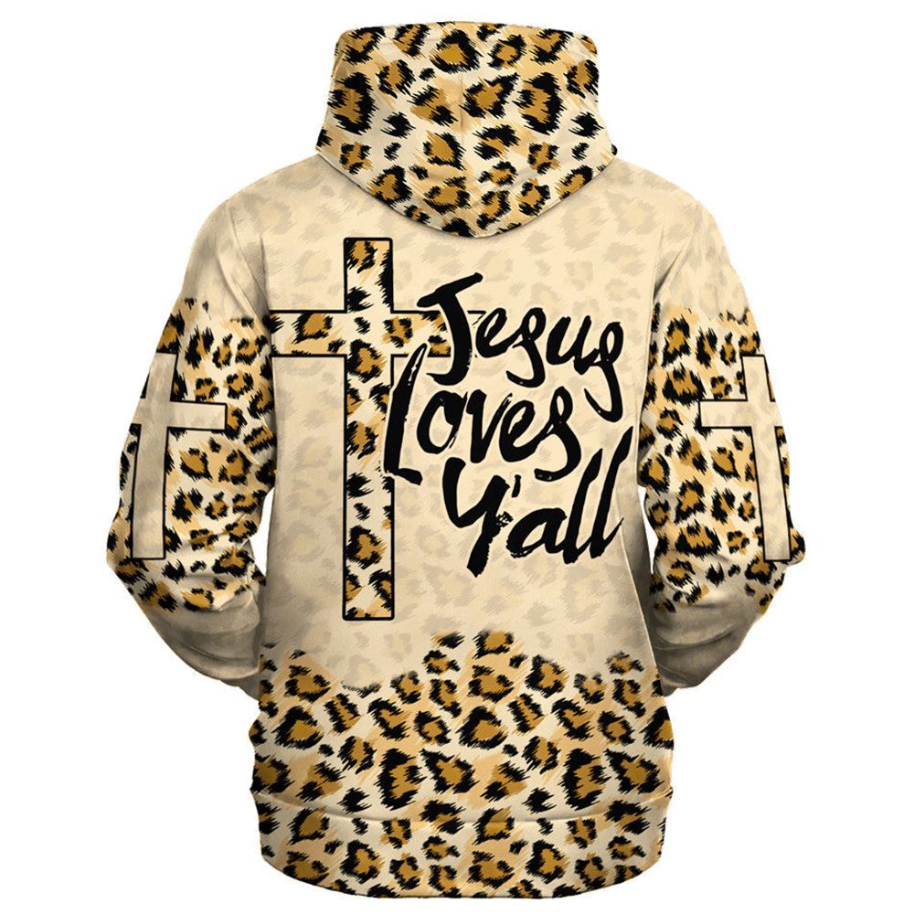 Jesus Loves Y'all Cross Leopard Skin Pattern Hoodies Jesus Hoodie Men & Women, God 3D Printed Hoodie, Christian Apparel Hoodies