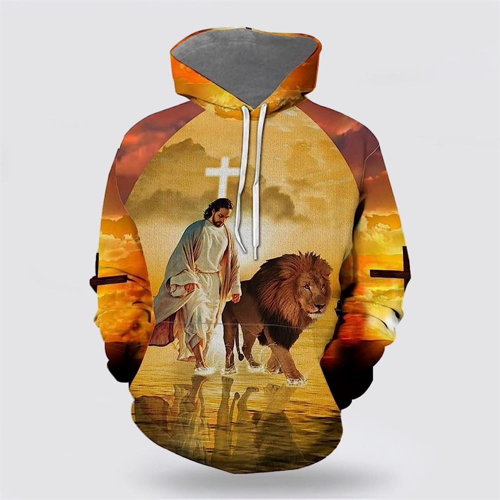 Jesus Walks With Lion Fall For Jesus He Never Leaves 3D Hoodies For Women Men, God 3D Printed Hoodie, Christian Apparel Hoodies