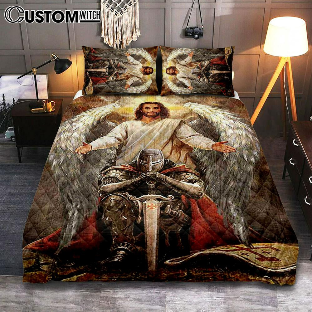 Jesus Wings Warrior Of God Bedroom Quilt Bedding Set - Jesus Portrait Quilt Bedding Set Prints - Christian Bedroom