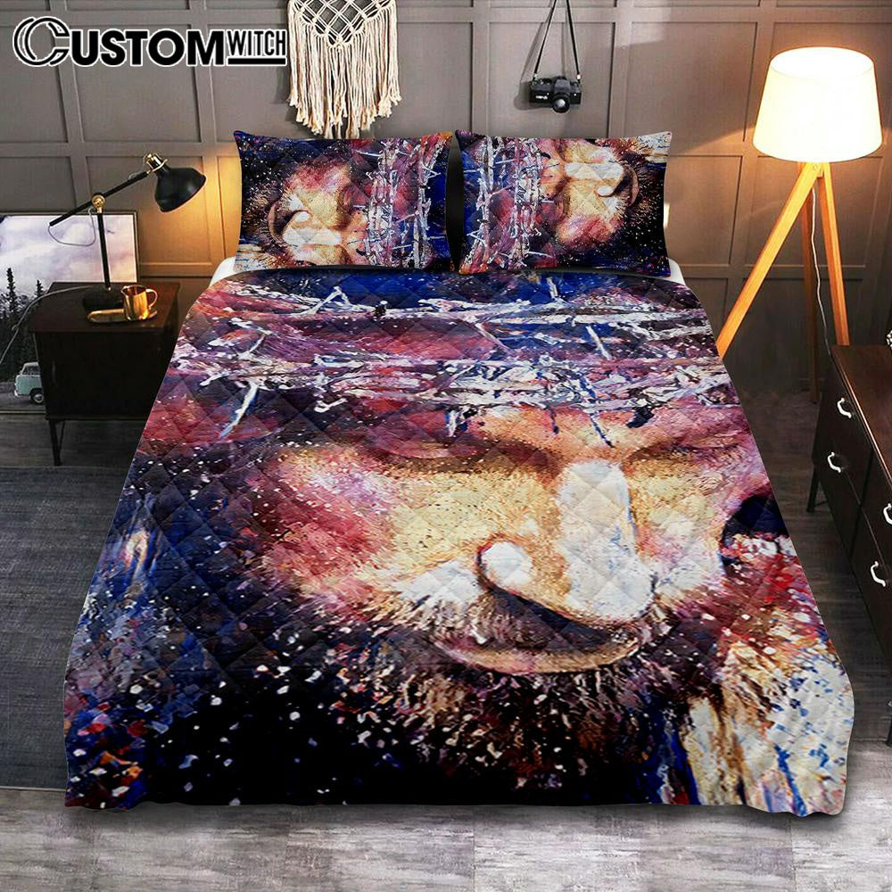 Jesus With Crown Of Thorns Quilt Bedding Set Prints - Jesus Christ Quilt Bedding Set Art - Christian Cover Twin Bedding Decor