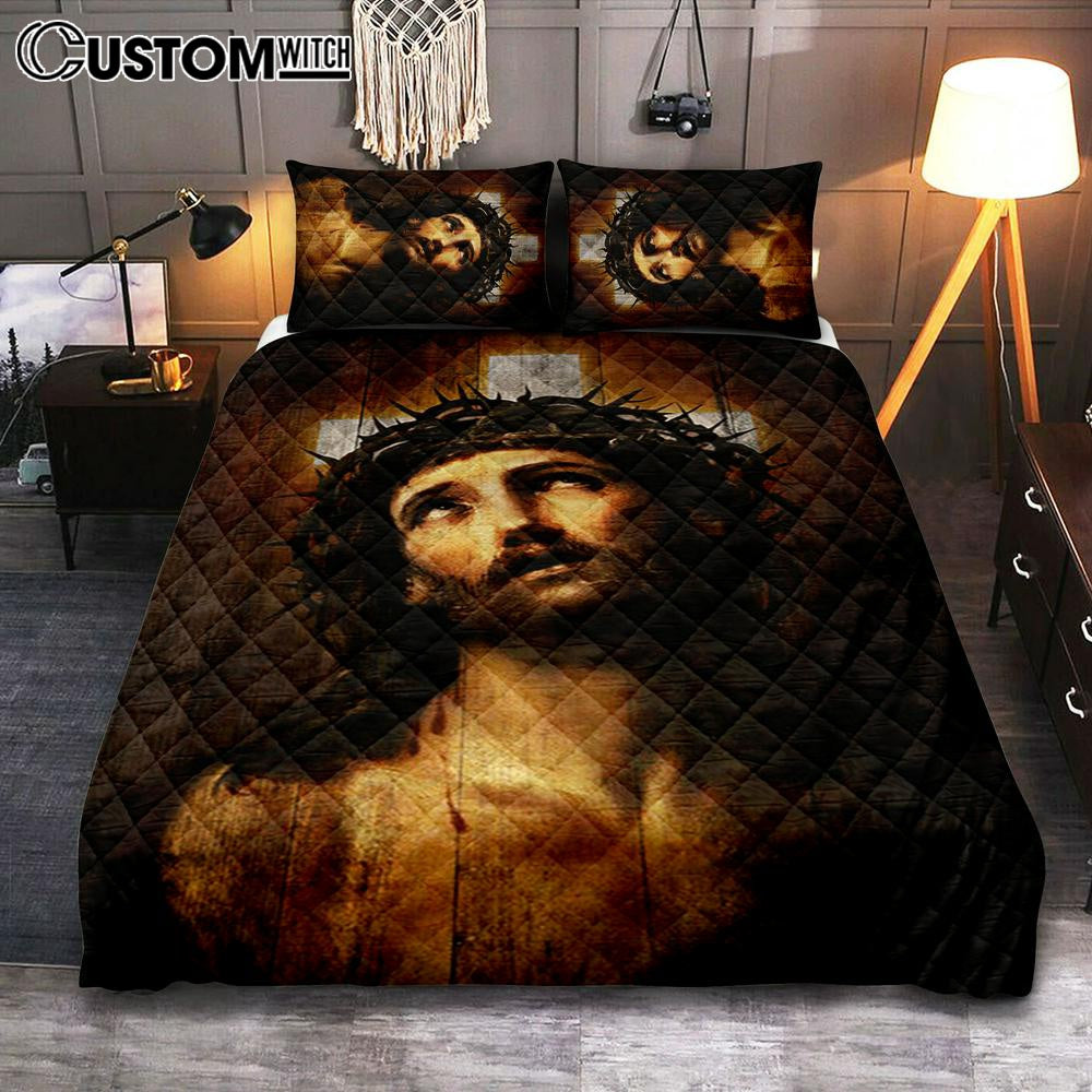 Jesus With Crown Of Thorns White Cross Bedroom Quilt Bedding Set - Jesus Portrait Quilt Bedding Set Prints - Christian Bedroom