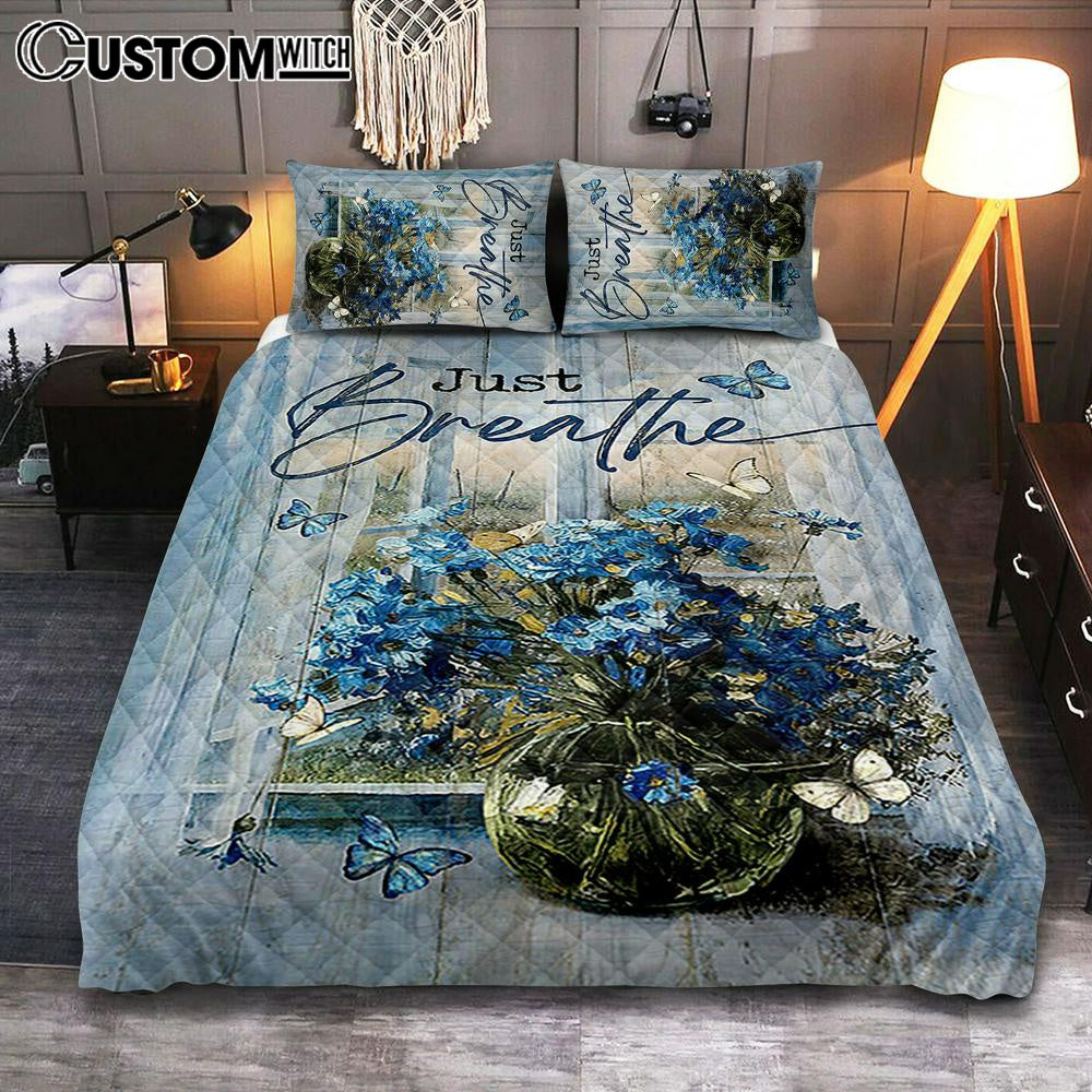 Just Breathe Blue Daisy Butterfly Quilt Bedding Set - Christian Bedroom - Religious Home Decor