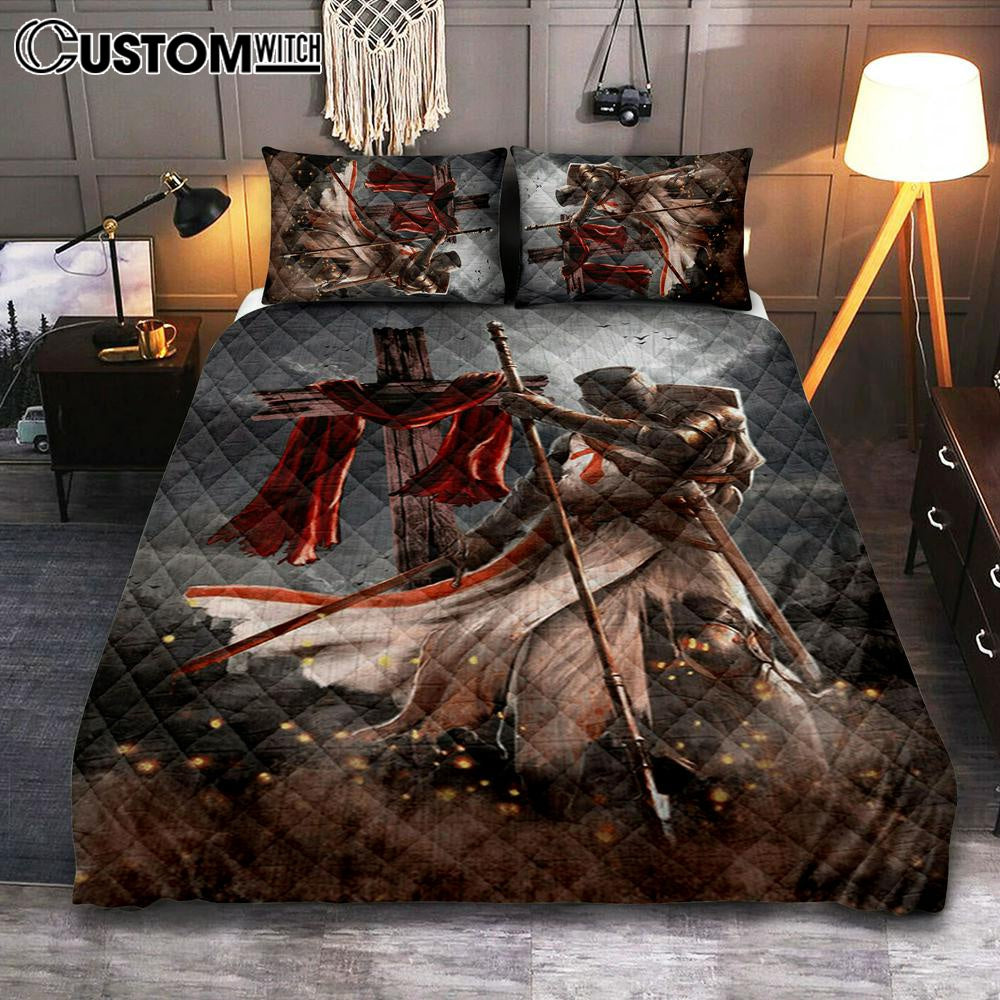 Knight Templar And Cross Jesus Quilt Bedding Set Prints - Jesus Christ Quilt Bedding Set Art - Christian Cover Twin Bedding Decor