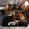 Lion And Lamb Of God Daisy Field White Butterfly Quilt Bedding Set - Lion Quilt Bedding Set Print - Christian Bedroom - Religious Home Decor