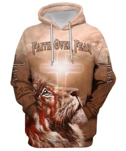 Lion Cross Faith Over Fear Hoodie For Men & Women, God 3D Printed Hoodie, Christian Apparel Hoodies