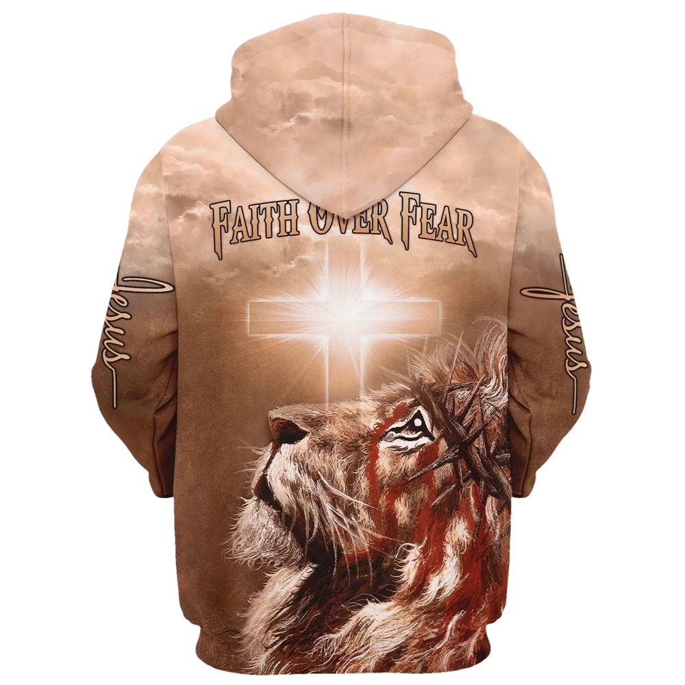 Lion Cross Faith Over Fear Hoodie For Men & Women, God 3D Printed Hoodie, Christian Apparel Hoodies