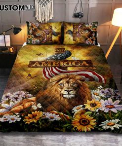 Lion Of Judah God Bless America Quilt Bedding Set - Lion Quilt Bedding Set Print - Christian Bedroom - Religious Home Decor