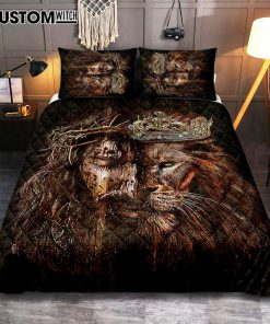Lion Of Judah Jesus The King Awesome Crowns Quilt Bedding Set - Lion Quilt Bedding Set Print - Christian Bedroom - Religious Home Decor
