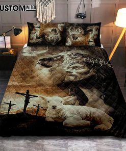 Lion Of Judah Lamb Of God Jesus The Old Rugged Crosses Quilt Bedding Set - Lion Quilt Bedding Set Print - Christian Bedroom - Religious Home Decor