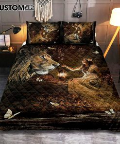 Lion Of Judah Pretty Girl White Butterfly Quilt Bedding Set - Lion Quilt Bedding Set Print - Christian Bedroom - Religious Home Decor