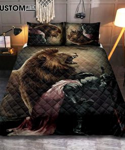 Lion Of Judah The Knight Of God Quilt Bedding Set - Lion Quilt Bedding Set Print - Christian Bedroom - Religious Home Decor
