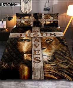 Lion Of Judah Wooden Cross Jesus Saves Quilt Bedding Set - Lion Quilt Bedding Set Print - Christian Bedroom - Religious Home Decor