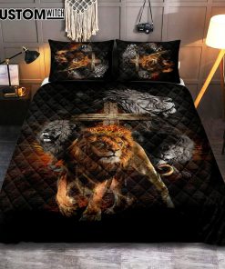 Lion Of Judah Wooden Cross Jesus The Lord Quilt Bedding Set - Lion Quilt Bedding Set Print - Christian Bedroom - Religious Home Decor