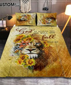 Lion Sunflower God Is Within Her She Will Not Fall Quilt Bedding Set Bedroom - Christian Quilt Bedding Set Prints - Bible Verse Quilt Bedding Set Art