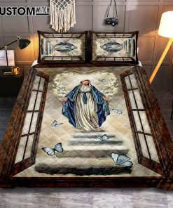 Maria Blue Butterfly Vintage Window The Way To Heaven Quilt Bedding Set Print - Inspirational Quilt Bedding Set Art - Christian Bedroom Home Decor