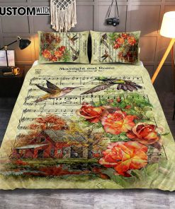 Moonlight And Roses Music Sheet Big Hummingbird Orange Rose Quilt Bedding Set Bedroom - Christian Quilt Bedding Set Prints