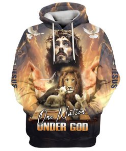 One Nation Under God, Jesus Lion And Lamb Hoodie For Men & Women, God 3D Printed Hoodie, Christian Apparel Hoodies