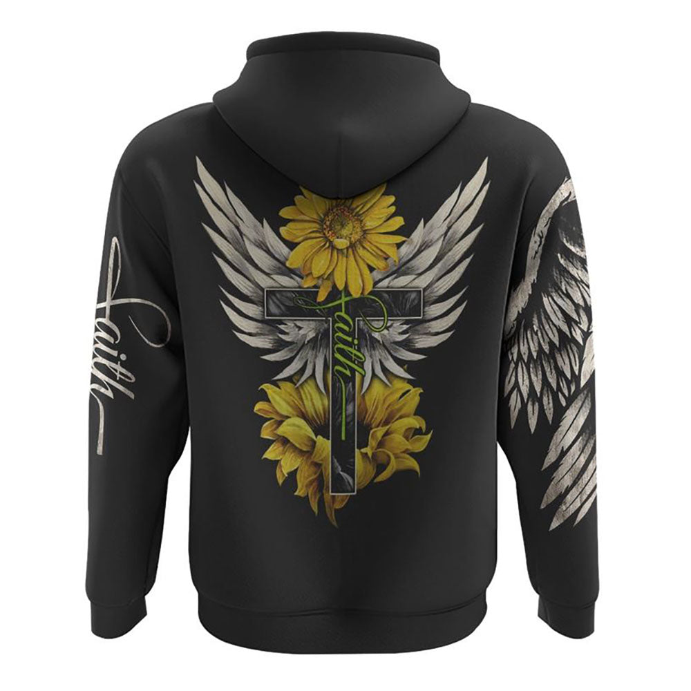 Painting Sunflower Cross Faith Wings All Over Print 3D Hoodie, Christian Hoodie, Christian Sweatshirt, Bible Verse Shirt
