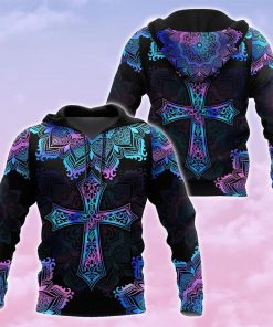 Pink Blue Hologram Mandala Cross God 3D Hoodie For Man And Women, Jesus Printed 3D Hoodie