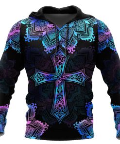 Pink Blue Hologram Mandala Cross God 3D Hoodie For Man And Women, Jesus Printed 3D Hoodie