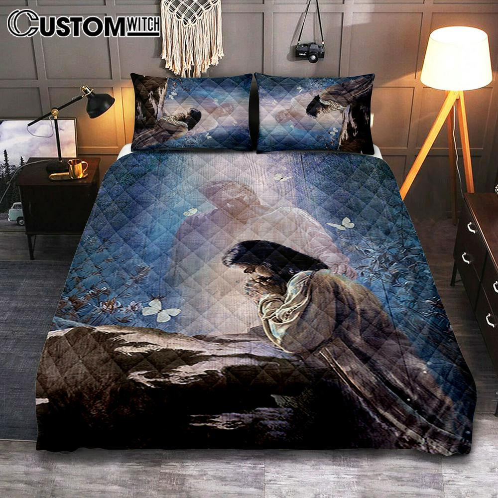 Praying With God White Butterfly Forest Quilt Bedding Set Print - Inspirational Quilt Bedding Set Art - Christian Bedroom Home Decor