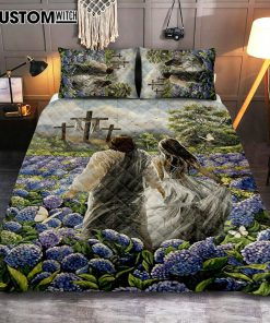 Pretty Girl Walking With Jesus In Purple Hydrangea Flower Field Quilt Bedding Set Print - Inspirational Quilt Bedding Set Art - Christian Bedroom Home Decor