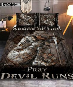Put On The Armor Of God Pray Devil Runs Warrior Quilt Bedding Set Prints - Christian Cover Twin Bedding Decor - Bible Verse Quilt Bedding Set Art