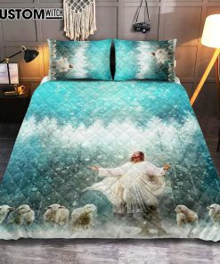 Radiance Jesus And Sheep Quilt Bedding Set Prints - Jesus Christ Quilt Bedding Set Art - Christian Cover Twin Bedding Decor