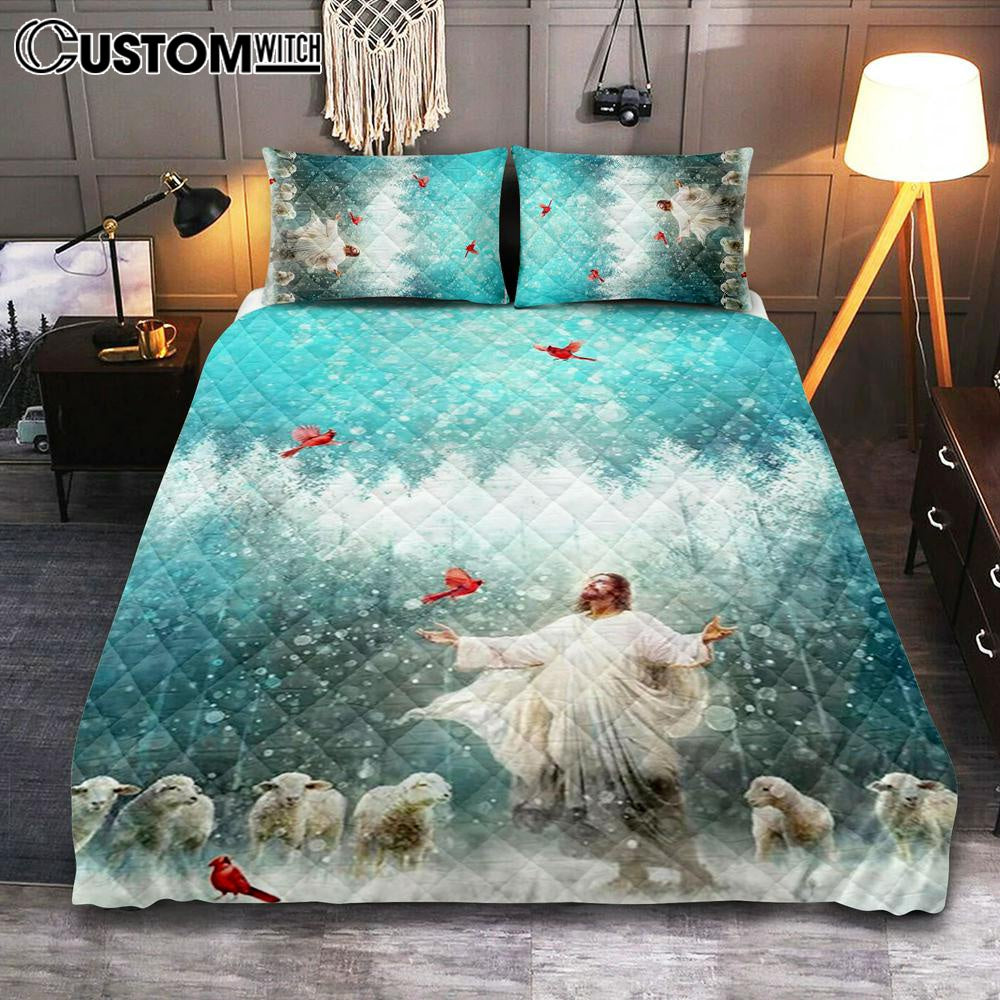 Radiance Jesus And Snow Cardinal Quilt Bedding Set Prints - Jesus Christ Quilt Bedding Set Art - Christian Cover Twin Bedding Decor