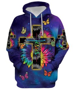 Rainbow Sunflower Butterfly Jesus Cross Hoodie For Men & Women, God 3D Printed Hoodie, Christian Apparel Hoodies