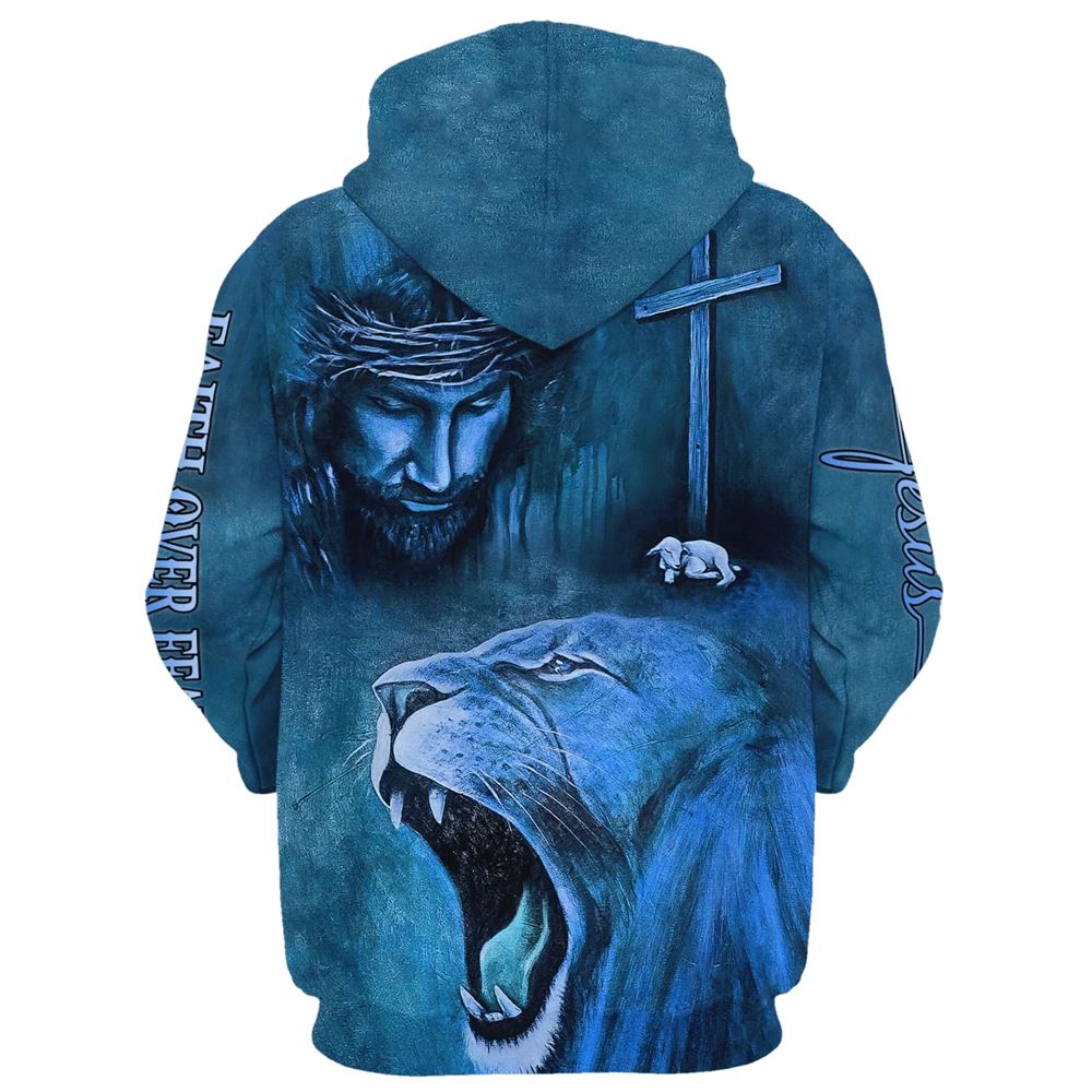 Roaring Blue Lion And Jesus, Faith Over Fear Hoodie For Men & Women, God 3D Printed Hoodie, Christian Apparel Hoodies