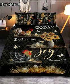 Rooster Sunflower Vase Black Background Today I Choose Joy Quilt Bedding Set Art - Christian Art - Bible Verse Bedroom - Religious Home Decor
