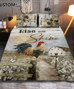 Rooster White Flower Field Sunset Rise And Shine Quilt Bedding Set Bedroom - Christian Quilt Bedding Set Prints - Bible Verse Quilt Bedding Set Art