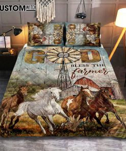 Running Horses God Bless The Farmer Quilt Bedding Set Print - Inspirational Quilt Bedding Set Art - Christian Bedroom Home Decor