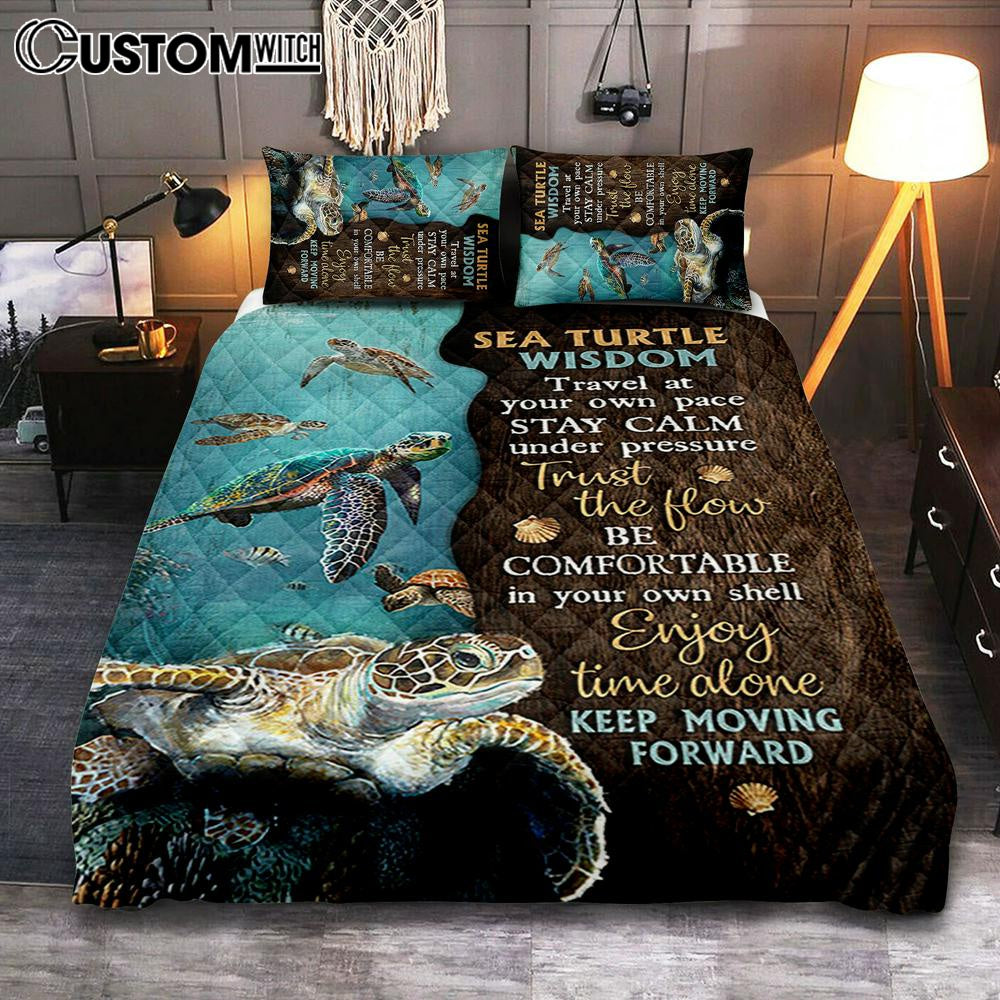 Sea Turtle Keep Moving Forward Quilt Bedding Set Print - Inspirational Quilt Bedding Set Art - Christian Bedroom Home Decor