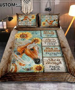 She Is Strong Horse Sunflower Butterfly Quilt Bedding Set Print - Inspirational Quilt Bedding Set Art - Christian Bedroom Home Decor