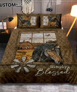 Simply Blessed Black Horse Windmill - Quilt Bedding Set Bedroom - Bible Verse Quilt Bedding Set Art - Christian Home Decor