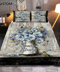 Simply Blessed Blue Daisy Flower Quilt Bedding Set Bedroom - Bible Verse Quilt Bedding Set Art - Christian Home Decor