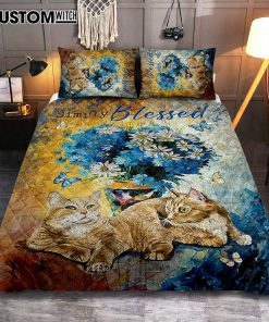 Simply Blessed Blue Daisy Flowers Fluffy Cats Quilt Bedding Set Bedroom - Bible Verse Quilt Bedding Set Art - Christian Home Decor