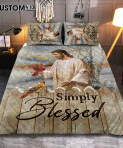 Simply Blessed Cardinal Quilt Bedding Set Print - Inspirational Quilt Bedding Set Art - Christian Bedroom Home Decor
