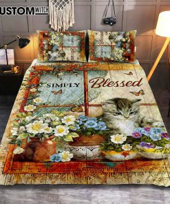 Simply Blessed Cat Butterfly Quilt Bedding Set Print - Inspirational Quilt Bedding Set Art - Christian Bedroom Home Decor