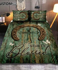 Simply Blessed Horseshoe Cross White Butterfly Quilt Bedding Set Bedroom - Christian Quilt Bedding Set Prints - Bible Verse Quilt Bedding Set Art