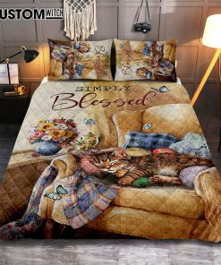 Simply Blessed Room Sleeping Cat Flower Quilt Bedding Set Print - Inspirational Quilt Bedding Set Art - Christian Bedroom Home Decor
