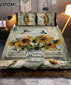 Simply Blessed Sunflower Hummingbird Quilt Bedding Set Print - Inspirational Quilt Bedding Set Art - Christian Bedroom Home Decor