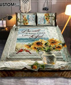 Sunflower Beach Be Still And Know That I Am God Quilt Bedding Set Art - Christian Art - Bible Verse Bedroom - Religious Home Decor