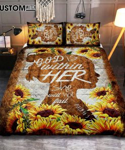 Sunflower Shadow Girl God Is Within Her She Will Not Fail Quilt Bedding Set Art - Christian Art - Bible Verse Bedroom - Religious Home Decor