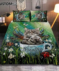 Tabby Cat Just Breathe Quilt Bedding Set Art - Christian Bedroom Decor - Gift For Cat Lover