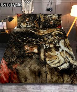 The Combination Of Jesus And Lion Quilt Bedding Set Prints - Jesus Christ Quilt Bedding Set Art - Christian Cover Twin Bedding Decor