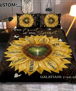 The Fruit Of The Spirit Sunflower Heart Shape Cross Quilt Bedding Set Bedroom - Bible Verse Quilt Bedding Set Art - Christian Home Decor